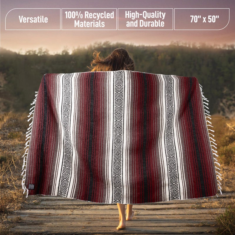 Hydration Nation Mexican Blanket (Authentic Handmade Falsa) - Durable, Lightweight Baja Indian Blanket for Yoga, Beach, Camping, Picnic, Car/Truck, Outdoor Mexican Throw, Baja Saddle Blanket, 70"x50", Cherry - Image 2
